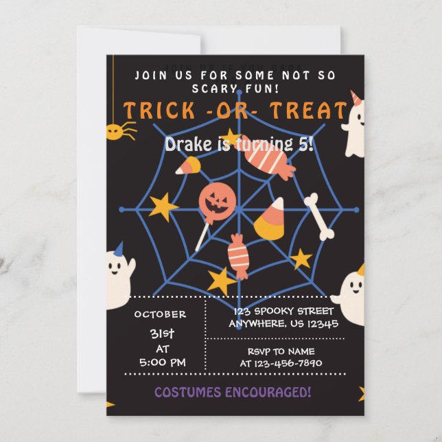 Invitation Trick ou traitement, Araignées d'Halloween, Invita (Devant)