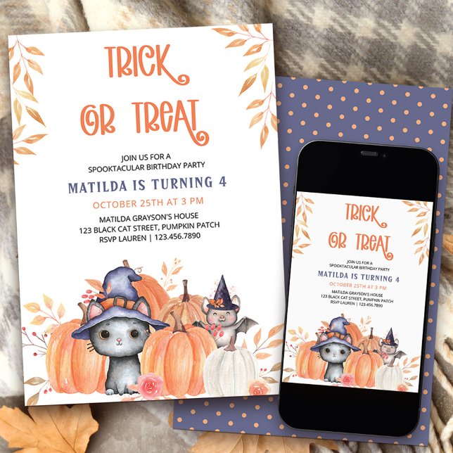 Invitation Trick ou traiter Chat noir Citrouille Patch Annive (Trick or Treat Halloween birthday party invitation with cute black cat and quirky wording)