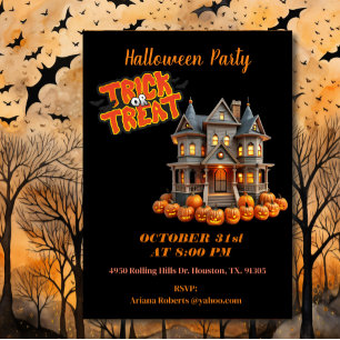 Invitation Trick Ou Traiter Maison Hantée Halloween Noir