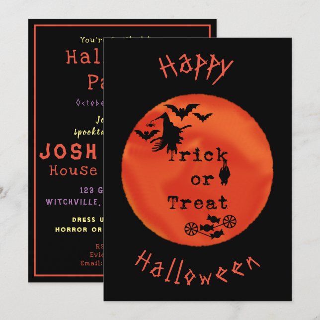 Invitation Trick ou Treat with Witch & Bats on Orange Moon (Devant / Derrière)