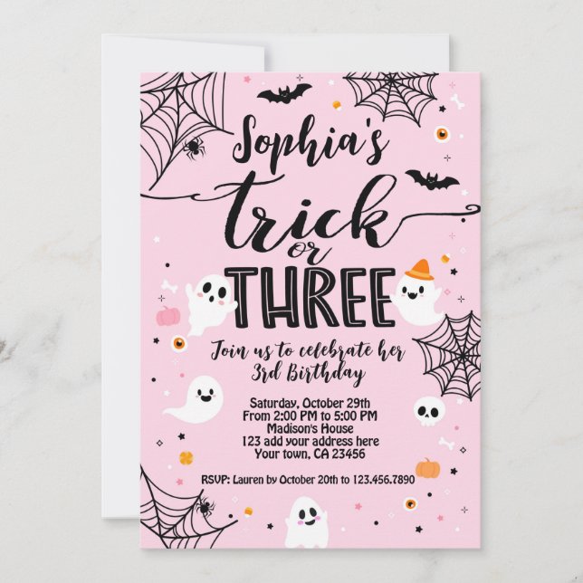 Invitation Trick ou trois 3e anniversaire, Halloween rose (Devant)