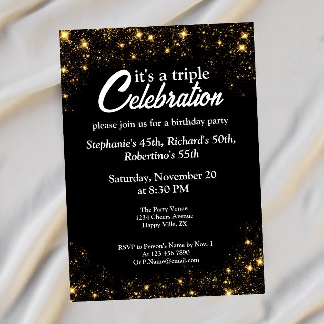 Invitation Triple Celebration Joint Birthday Gold Black  (Créateur téléchargé)