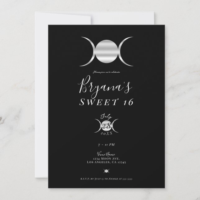 Invitation Triple Déesse Lune Cycle Argent & Noir Sweet 16 (Devant)