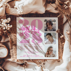 Invitation Triple Diplôme Photo Rose Magenta