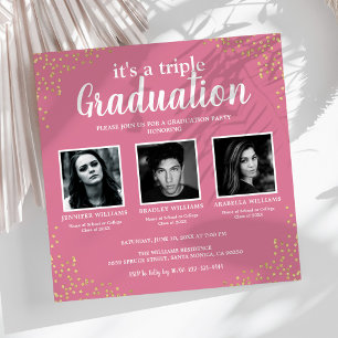 Invitation Triple Graduation Trois Photo Rose Party