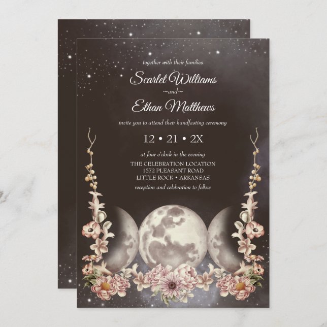 Invitation Triple Lune Phase Boho Floral Handfasting (Devant / Derrière)