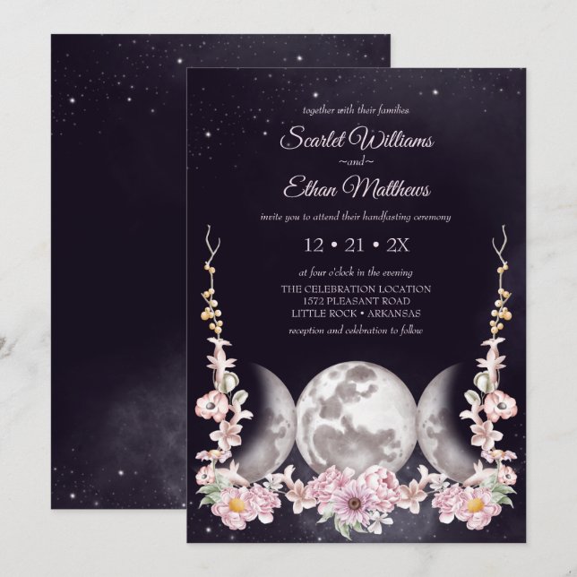 Invitation Triple Lune violet nuit Ciel Wicca Handfasting (Devant / Derrière)