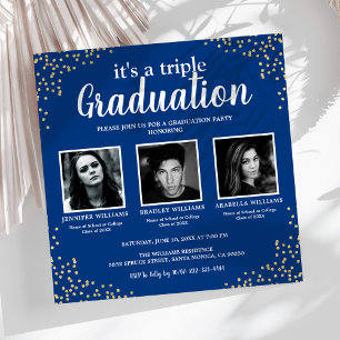 Invitation Triple Remise des diplômes Trois Photo Fête Bleue