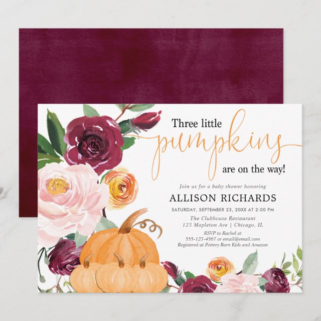 Invitation Tripler trois petits citrouilles baby shower (Devant / Derrière)