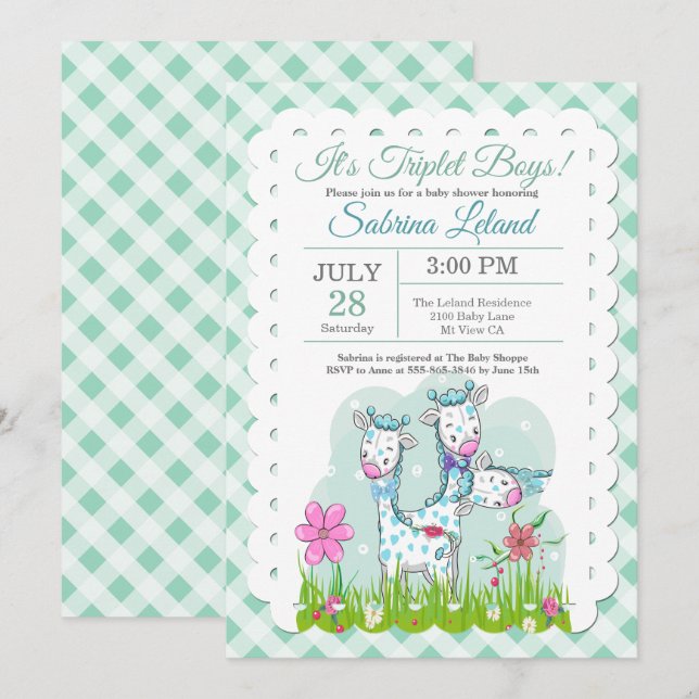 Invitation Triplet Boys Adorable Giraffes Baby shower (Devant / Derrière)