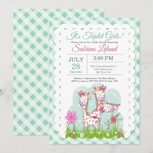 Invitation Triplet Girls Adorable Giraffes Baby shower (Devant / Derrière)