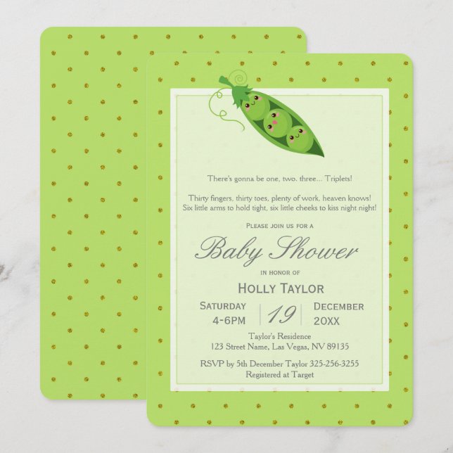 Invitation Triplet Peas dans un Baby shower de pois (Devant / Derrière)