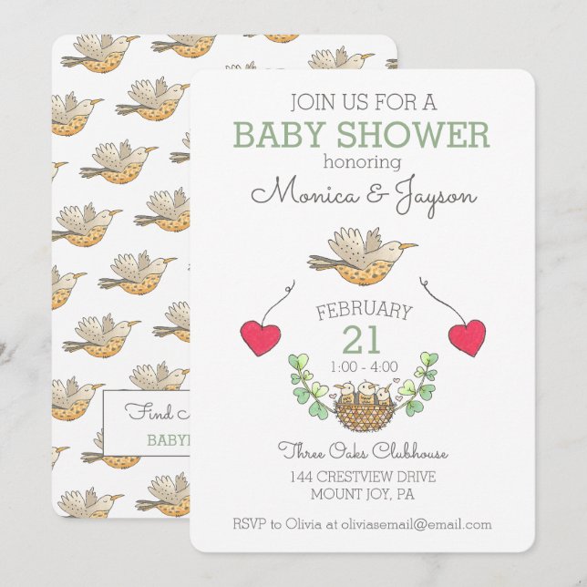 Invitation Triplets Baby shower Oiseau et nid (Devant / Derrière)