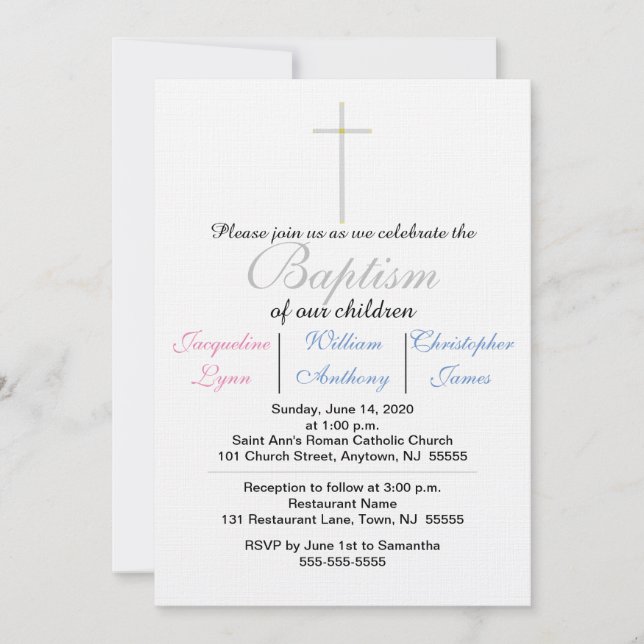 Invitation Triplets Baptême bleu rose (Devant)