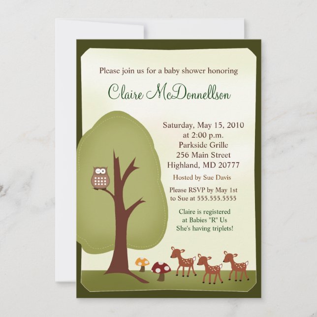 Invitation TRIPLETS Bébé Cerf Baby shower forestier forestier (Devant)