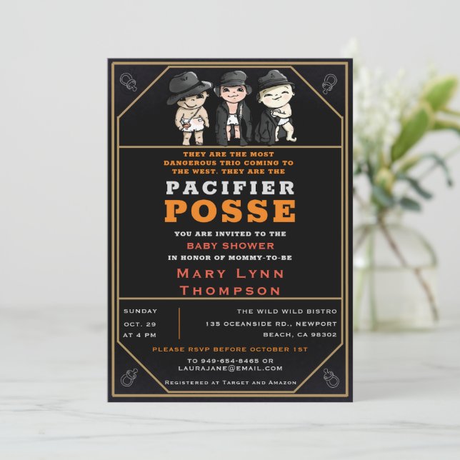 Invitation Triplets Pacifier Posse Wild West Baby shower amus (Debout devant)