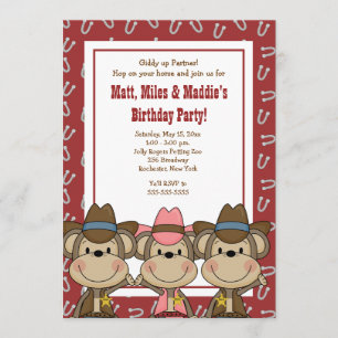 Invitation TRIPLETS Western Cowboy Monkeys 5x7 Anniversaire