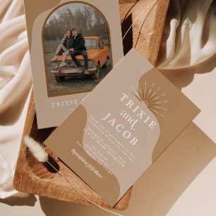 Invitation TRIXIE Beige Taupe Rétro Arched Photo Boho Mariage