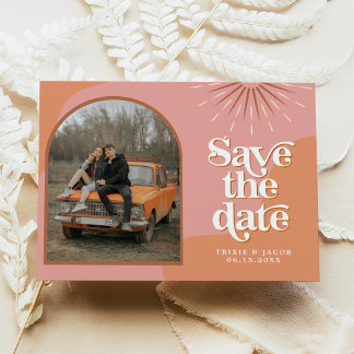 Invitation TRIXIE Retro Arched Photo Boho Enregistrer la date