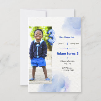 INVITATION TROIS ANS ANNIVERSAIRE POUR GARÇON BLEU AVEC PHOTO