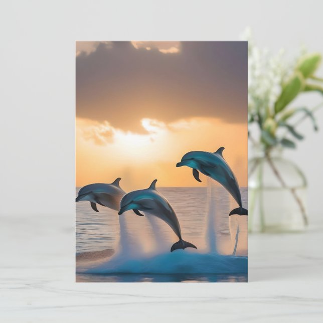 Invitation Trois Dauphins Tournant Au Coucher Du Soleil, (Debout devant)