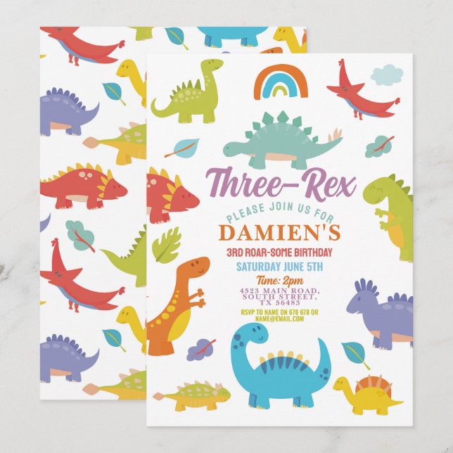 Invitation Trois dinosaures Rex Garçons Fête Mignons  (Devant / Derrière)