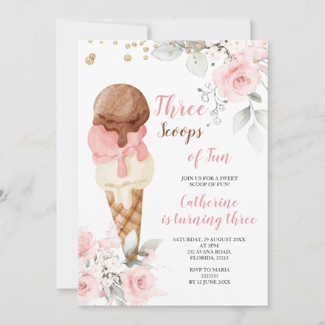 Invitation Trois Élégantes Scoops De Fun 3ème Anniversaire Fê (Devant)