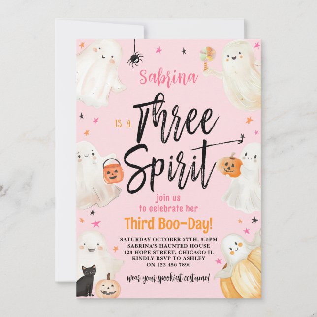 Invitation Trois Esprit rose Halloween 3e fête d'anniversaire (Devant)