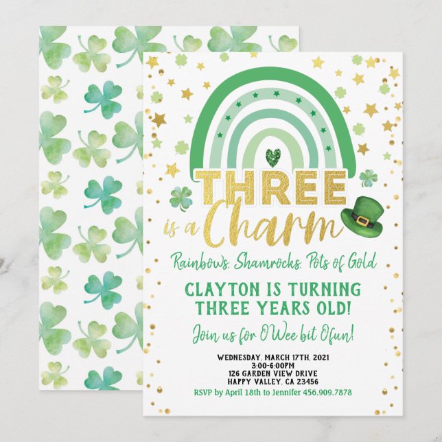 Invitation Trois est un charme 3e anniversaire St Patrick's D (Devant / Derrière)