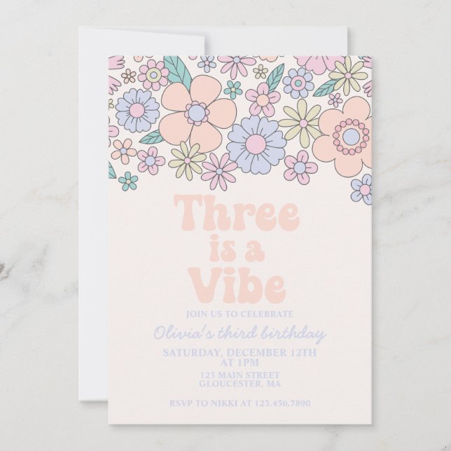Invitation Trois est Vibe Retro Floral 3e anniversaire (Devant)