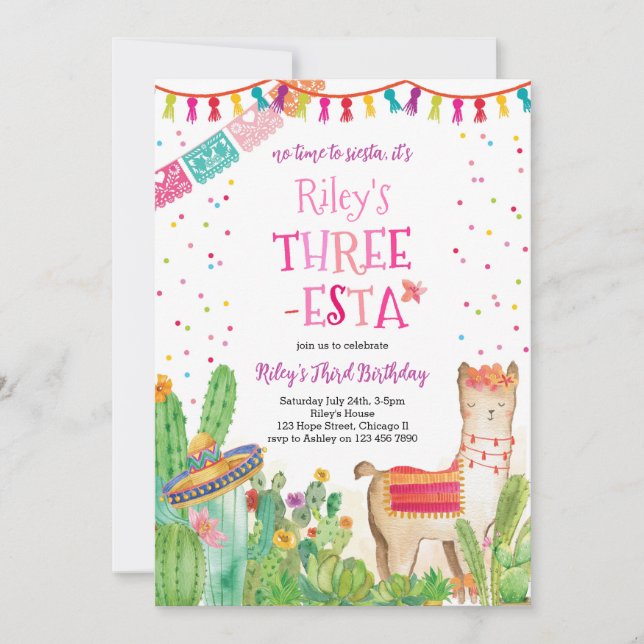 Invitation Trois Esta Fiesta Girl 3ème anniversaire Invitatio (Devant)