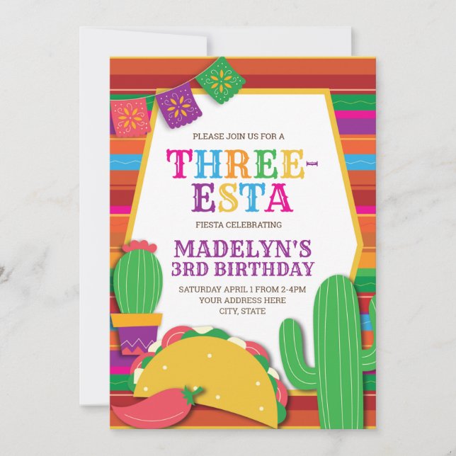 Invitation Trois Esta Mexicaine Fiesta Taco Troisième Anniver (Devant)