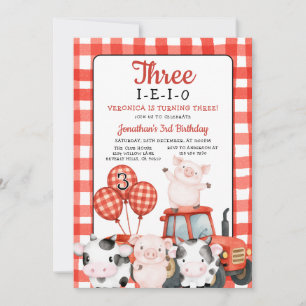 Invitation Trois-I-E-I-O Anniversaire Rouge animal de la ferm