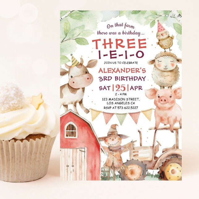 Invitation TROIS-I-E-I-O Cute Boy Farm 3e anniversaire (Créateur téléchargé)