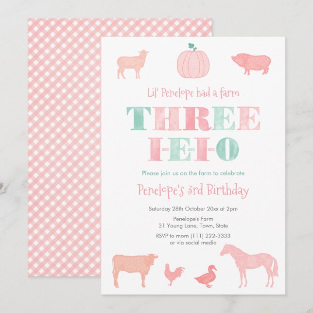 Invitation TROIS-IEIO Citrouille rose 3ème anniversaire (Devant / Derrière)