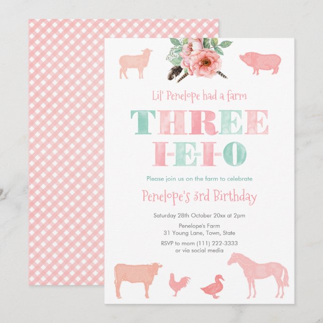 Invitation TROIS-IEIO, Vieux MacDonald Fille 3e fête d'annive (Devant / Derrière)