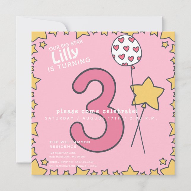 Invitation Trois - Joli rose et jaune enfant 3e anniversaire (Devant)