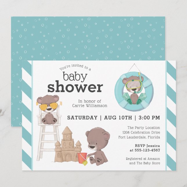 Invitation Trois ours sur le Baby shower de Beach Boy (Devant / Derrière)