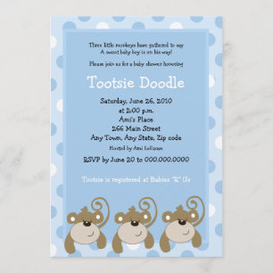 Invitation Trois petits singes 5x7 Baby shower bleu