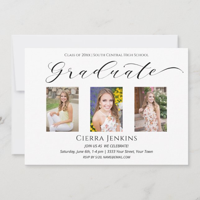 Invitation Trois photo Calligraphie White Graduation Party In (Devant)