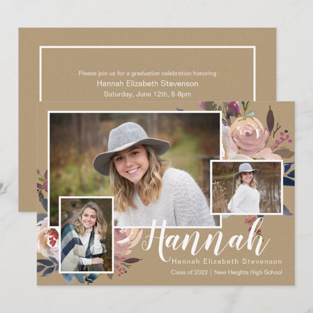 Invitation Trois Photo Floral Rustic Graduation Party (Devant / Derrière)