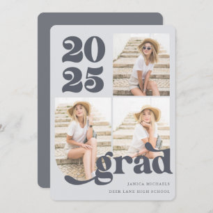 Invitation Trois photo Retro Type Blue Graduation Party