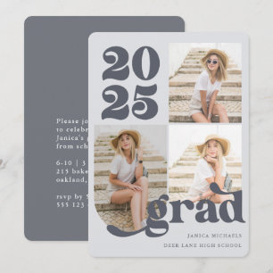 Invitation Trois photo Retro Type Blue Graduation Party