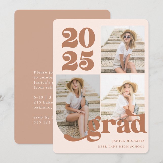 Invitation Trois Photo Retro Type Terracotta Graduation Party (Devant / Derrière)