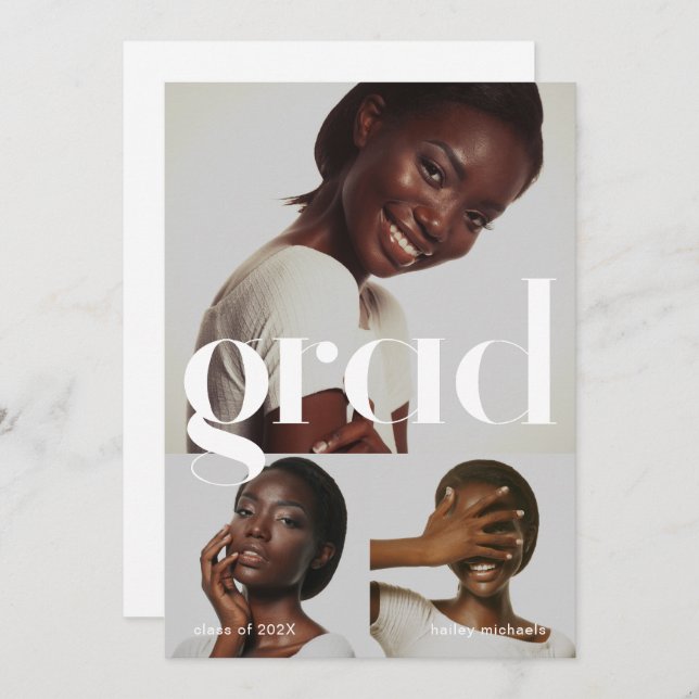 Invitation Trois photos Collage noir blanc fête de graduation (Devant / Derrière)