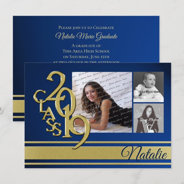 Invitation Trois photos de remise des diplômes Blue and Gold  (Devant / Derrière)