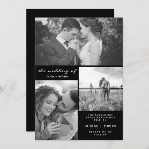 Invitation Trois photos Mariage noir et blanc
