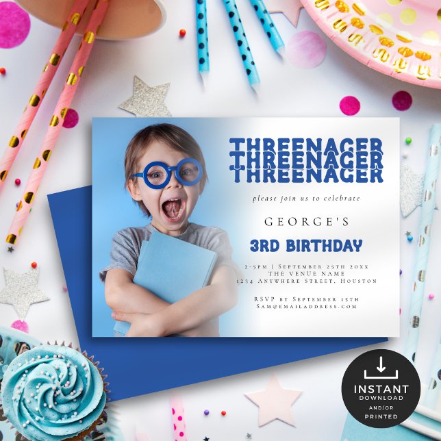 Invitation Trois photos superposition 3e anniversaire fête bl (Front and back view)