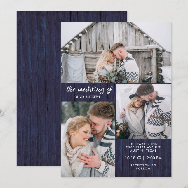 Invitation Trois photos sur le bois bleu rustique| Mariage (Devant / Derrière)