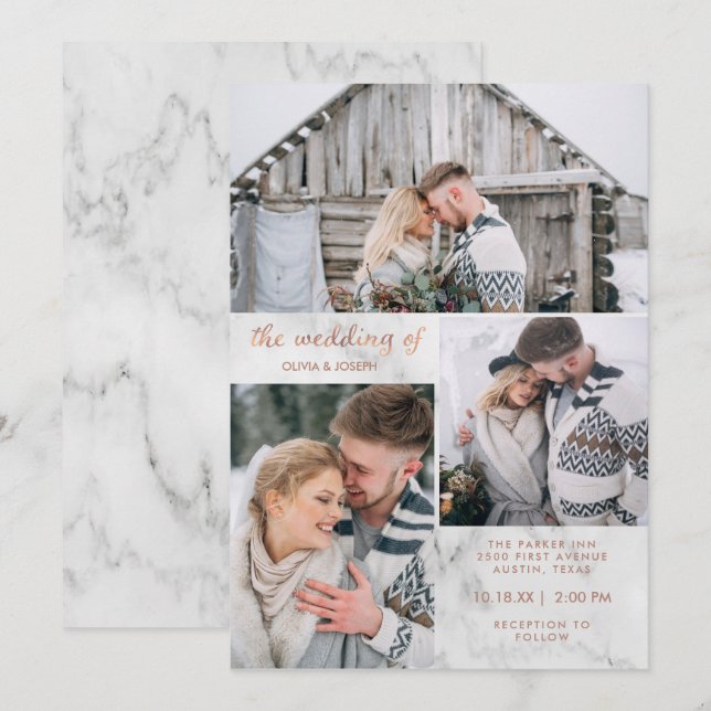 Invitation Trois photos sur le marbre et l'or Rose | Mariage (Devant / Derrière)